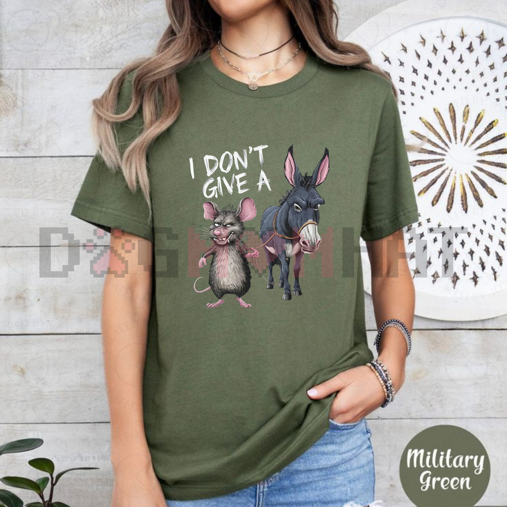 Men's Funny "I Don't Care" Mouse & Donkey T-Shirt – Vintage Loose 180g Cotton Humor Graphic Tee