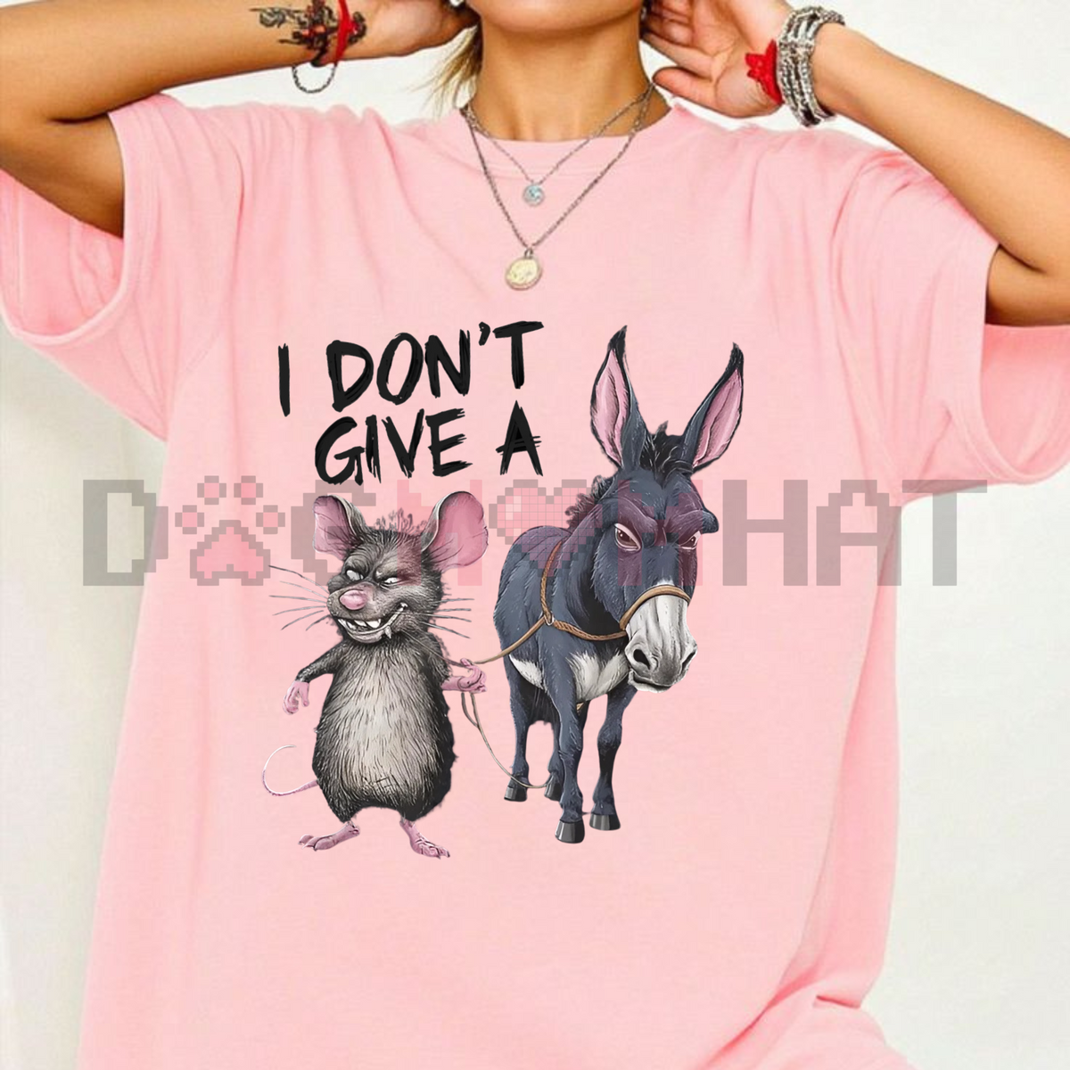 Men's Funny "I Don't Care" Mouse & Donkey T-Shirt – Vintage Loose 180g Cotton Humor Graphic Tee
