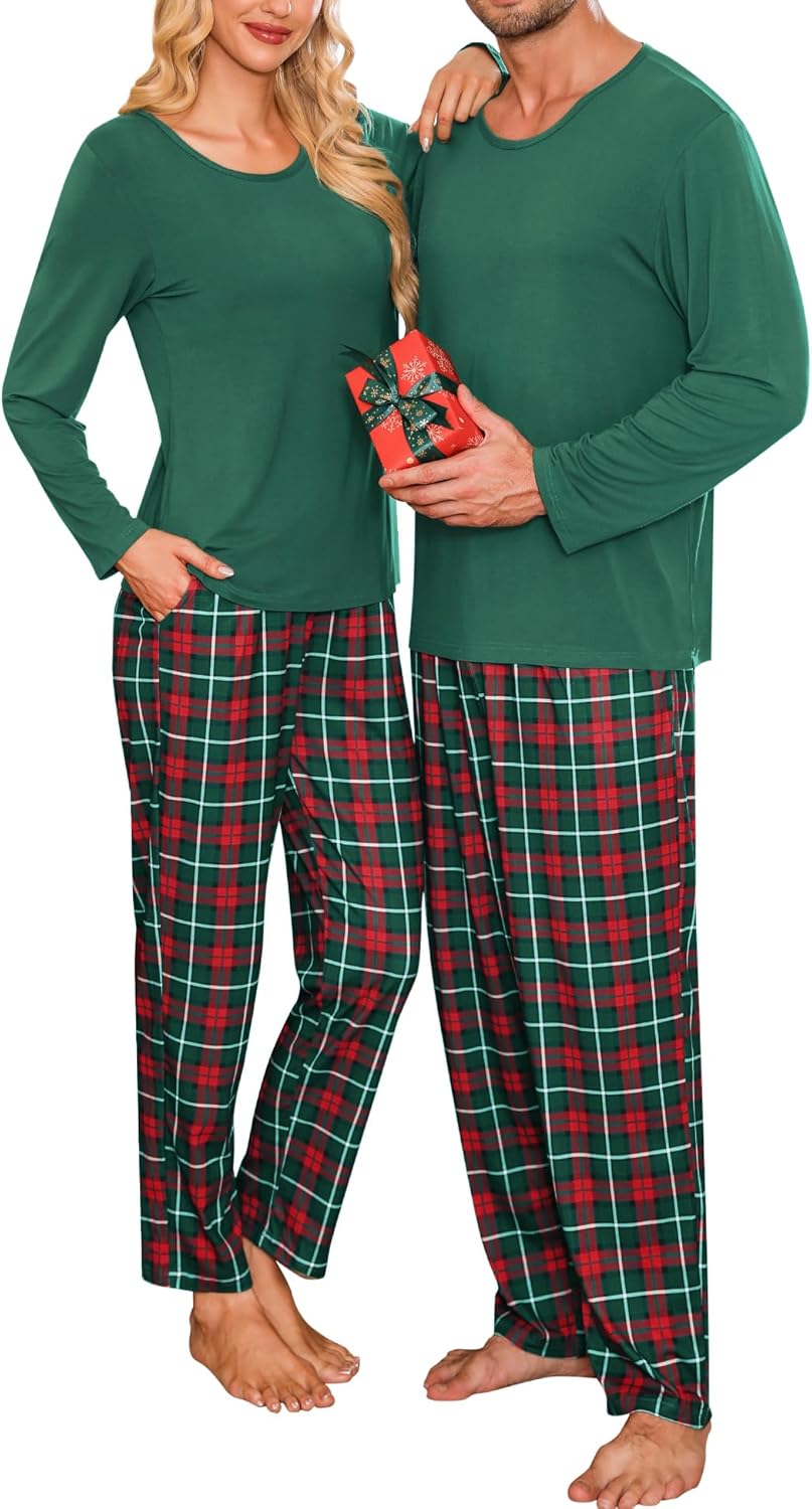 SWOMOG Couples Pajama Sets Women & Men Long Sleeve Sleepwear Top Plaid Pants Loungewear Set with Pockets