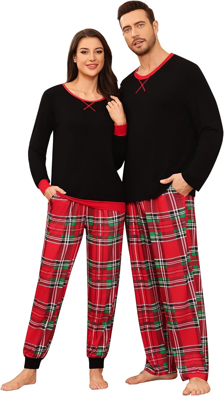 SWOMOG Couples Pajama Sets Women & Men Long Sleeve Sleepwear Top Plaid Pants Loungewear Set with Pockets
