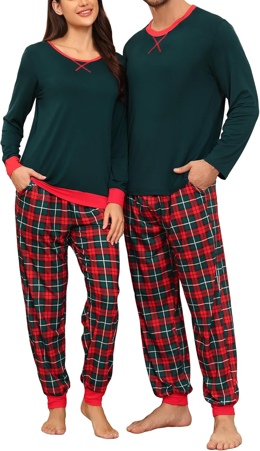 SWOMOG Couples Pajama Sets Women & Men Long Sleeve Sleepwear Top Plaid Pants Loungewear Set with Pockets
