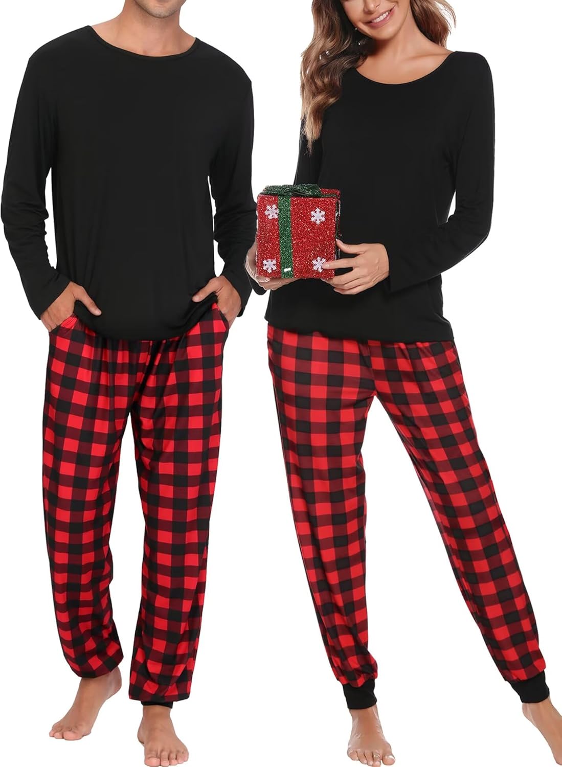 SWOMOG Couples Pajama Sets Women & Men Long Sleeve Sleepwear Top Plaid Pants Loungewear Set with Pockets