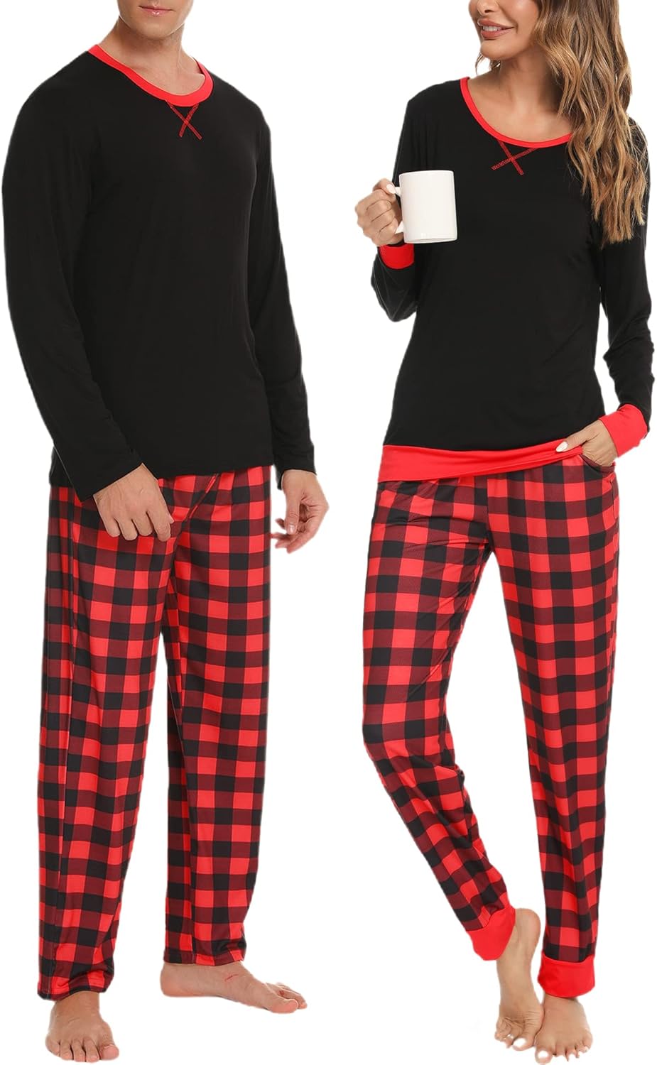 SWOMOG Couples Pajama Sets Women & Men Long Sleeve Sleepwear Top Plaid Pants Loungewear Set with Pockets