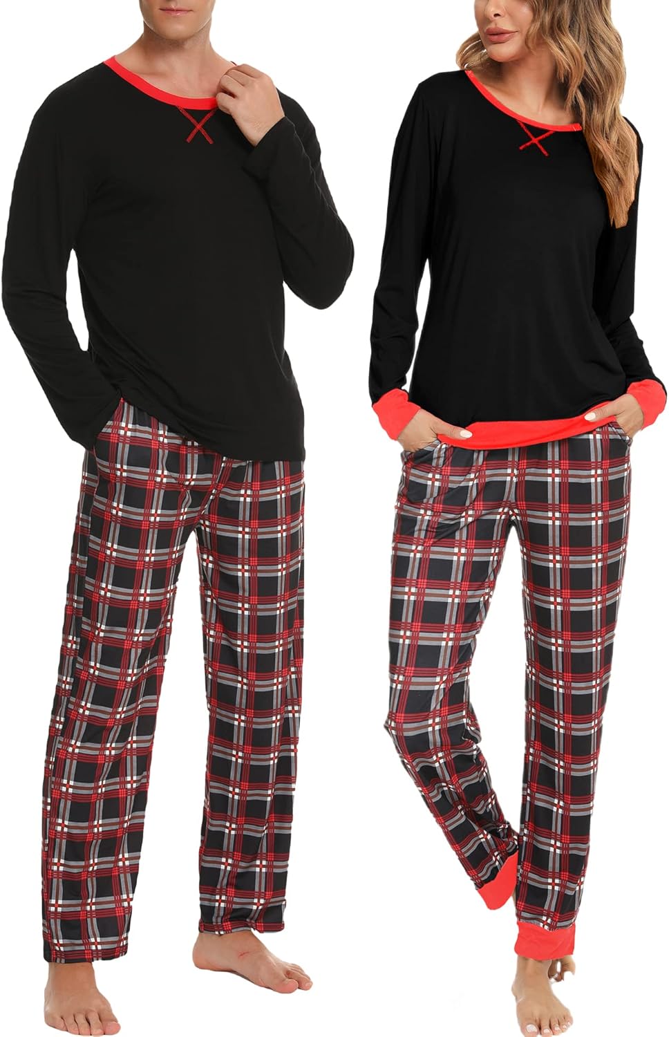 SWOMOG Couples Pajama Sets Women & Men Long Sleeve Sleepwear Top Plaid Pants Loungewear Set with Pockets