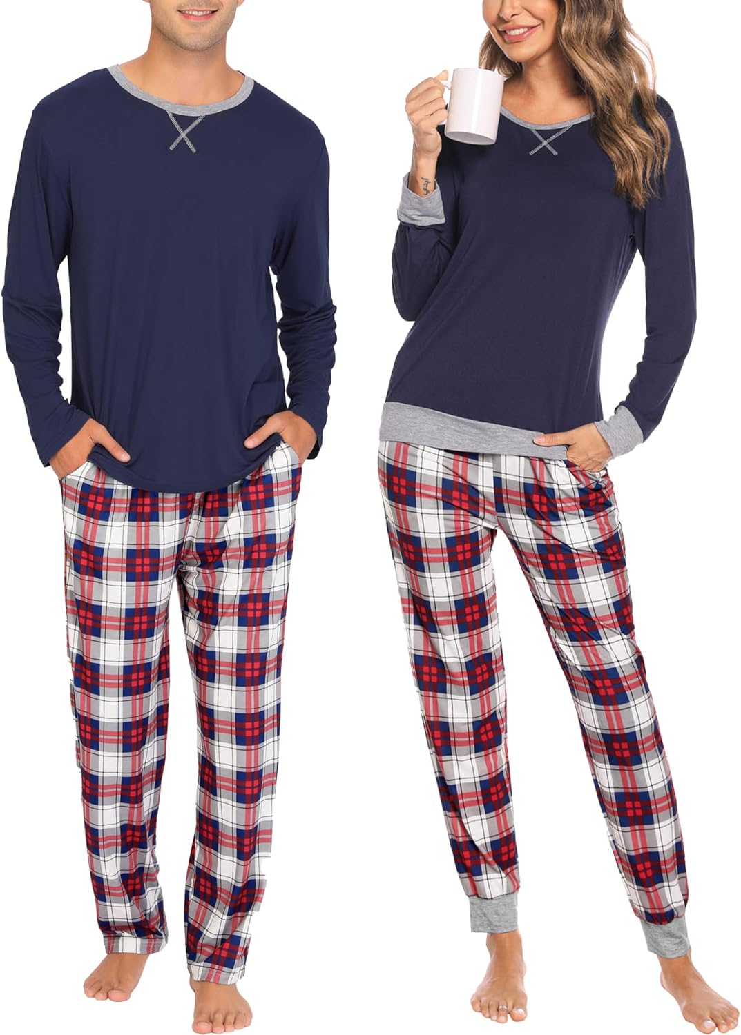 SWOMOG Couples Pajama Sets Women & Men Long Sleeve Sleepwear Top Plaid Pants Loungewear Set with Pockets