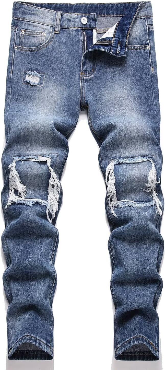 HENGAO Boy's Distressed Ripped Skinny Jeans