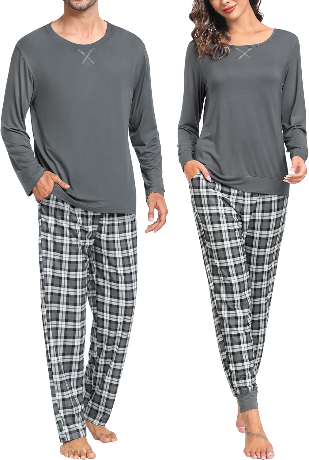 SWOMOG Couples Pajama Sets Women & Men Long Sleeve Sleepwear Top Plaid Pants Loungewear Set with Pockets