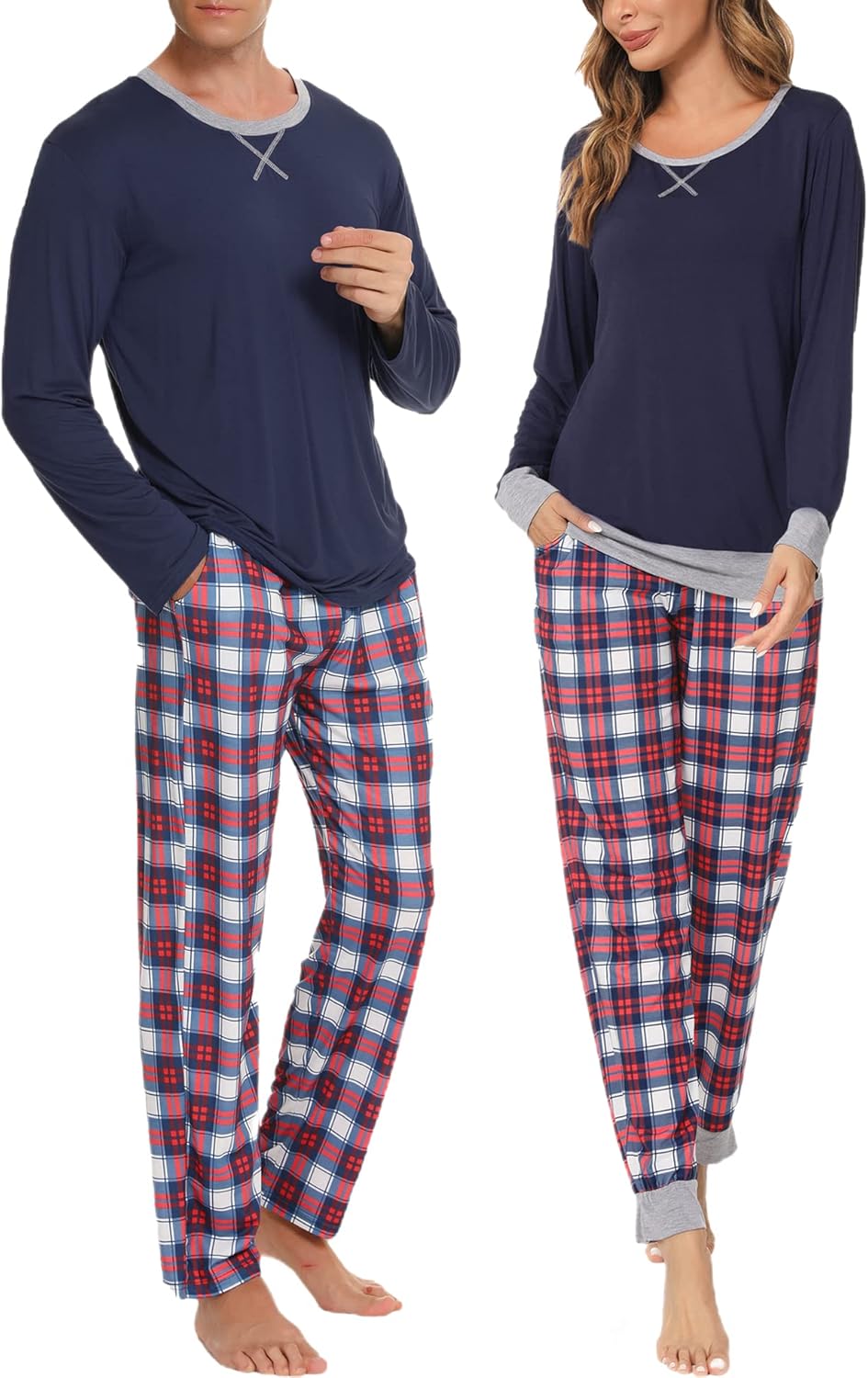 SWOMOG Couples Pajama Sets Women & Men Long Sleeve Sleepwear Top Plaid Pants Loungewear Set with Pockets