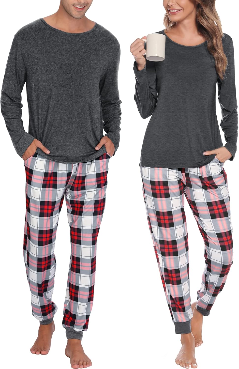 SWOMOG Couples Pajama Sets Women & Men Long Sleeve Sleepwear Top Plaid Pants Loungewear Set with Pockets