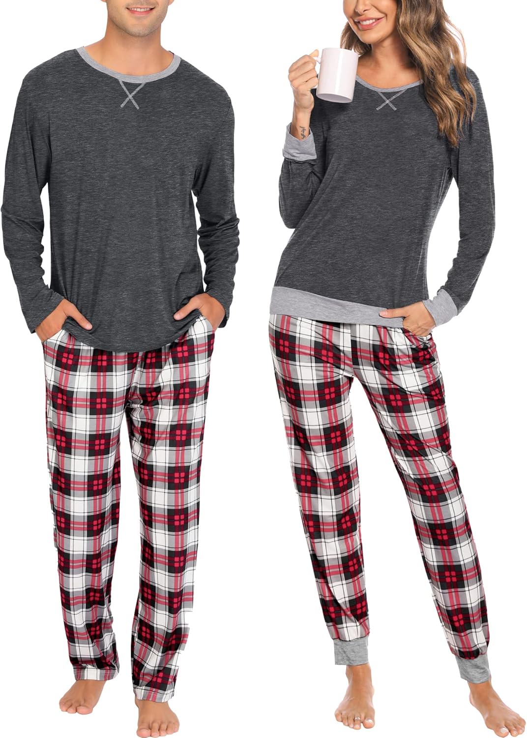 SWOMOG Couples Pajama Sets Women & Men Long Sleeve Sleepwear Top Plaid Pants Loungewear Set with Pockets