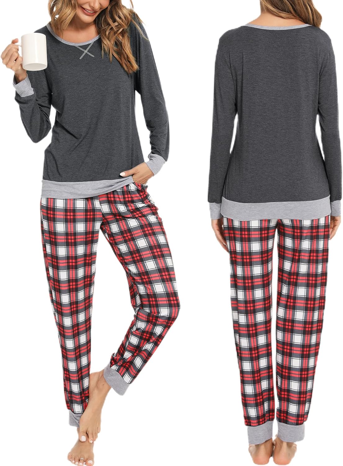 SWOMOG Couples Pajama Sets Women & Men Long Sleeve Sleepwear Top Plaid Pants Loungewear Set with Pockets