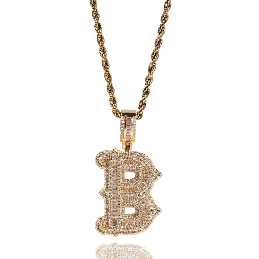 Hip-hop fully diamond-encrusted spiky rock sugar letter necklace